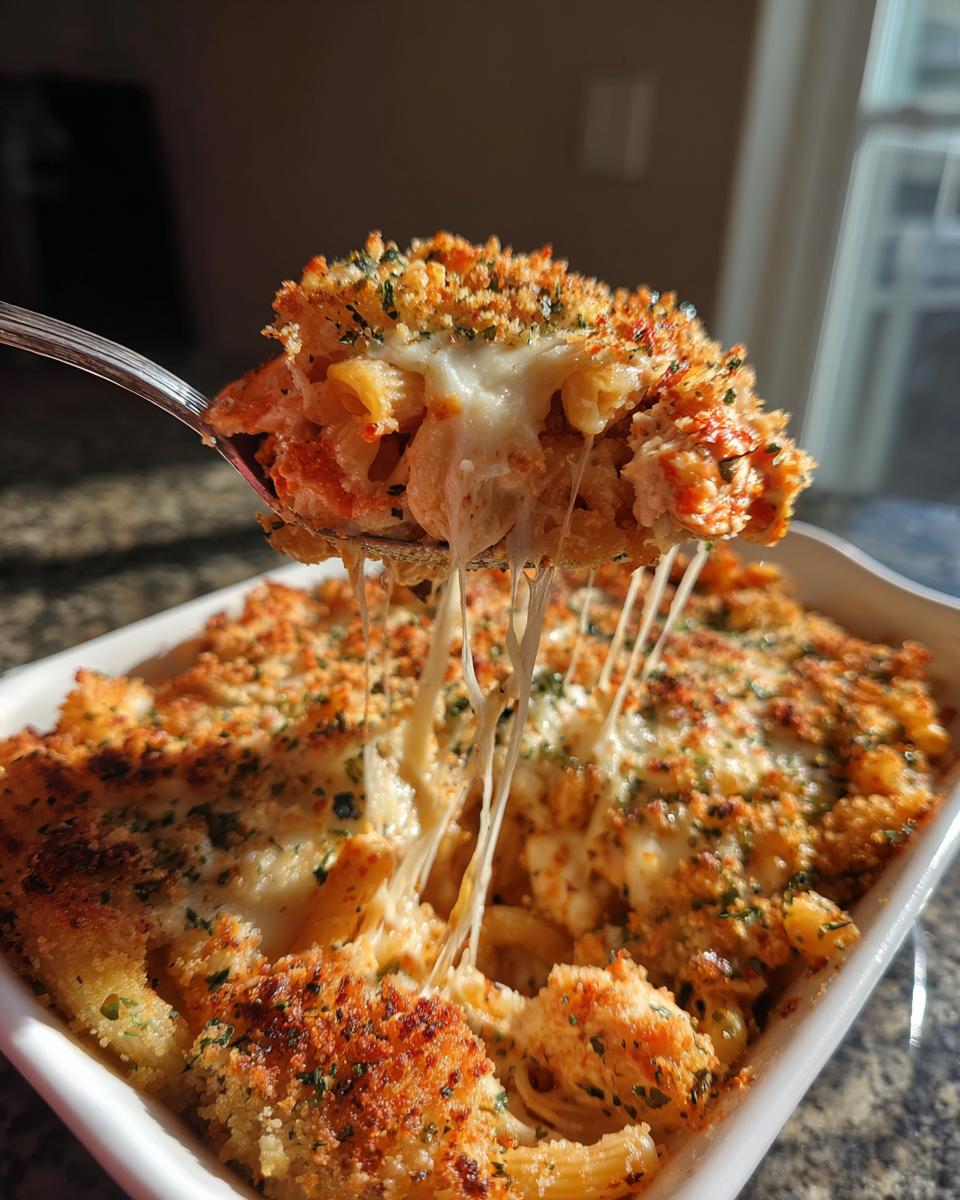 A spoonful of baked chicken Parmesan casserole showing extreme cheese pull over the bubbly, crispy topping.