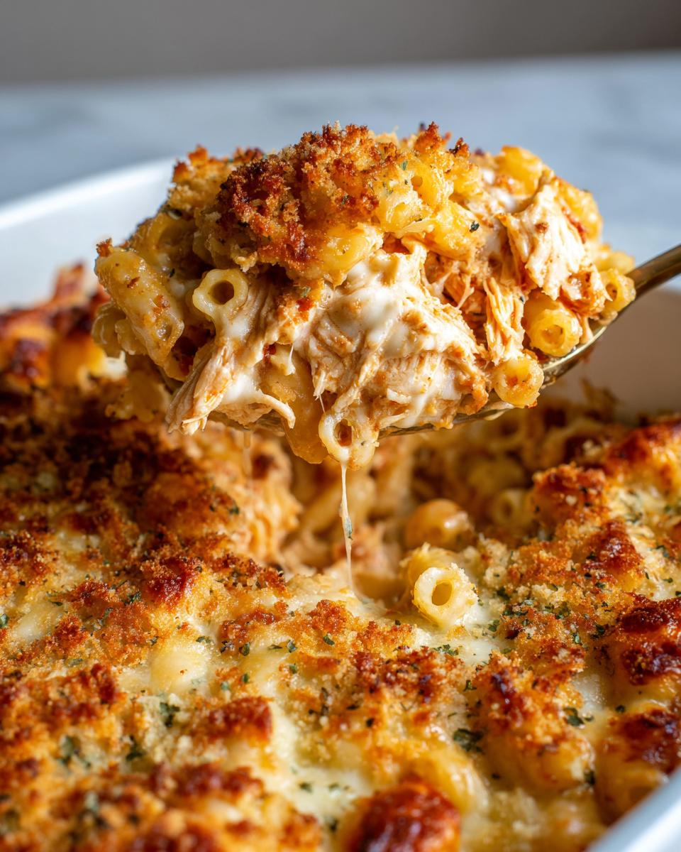 A spoonful of creamy, cheesy Baked chicken Parmesan casserole with shredded chicken and crispy topping being lifted from the dish.