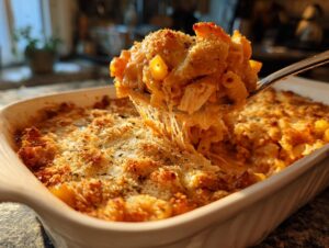 A spoonful of cheesy Baked chicken Parmesan casserole being lifted from a white baking dish.