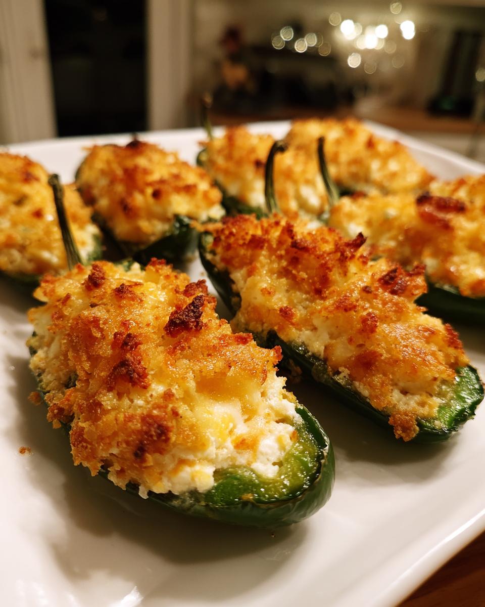 Close-up of several baked Jalapeño poppers stuffed with creamy cheese filling and toasted breadcrumbs.