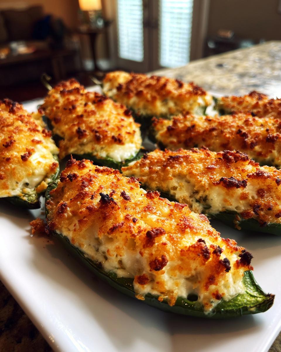 Close-up of several baked jalapeño poppers stuffed with creamy cheese filling and topped with golden, crispy breadcrumbs.