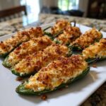 A platter of baked jalapeño poppers stuffed with creamy filling and topped with golden, crispy breadcrumbs.