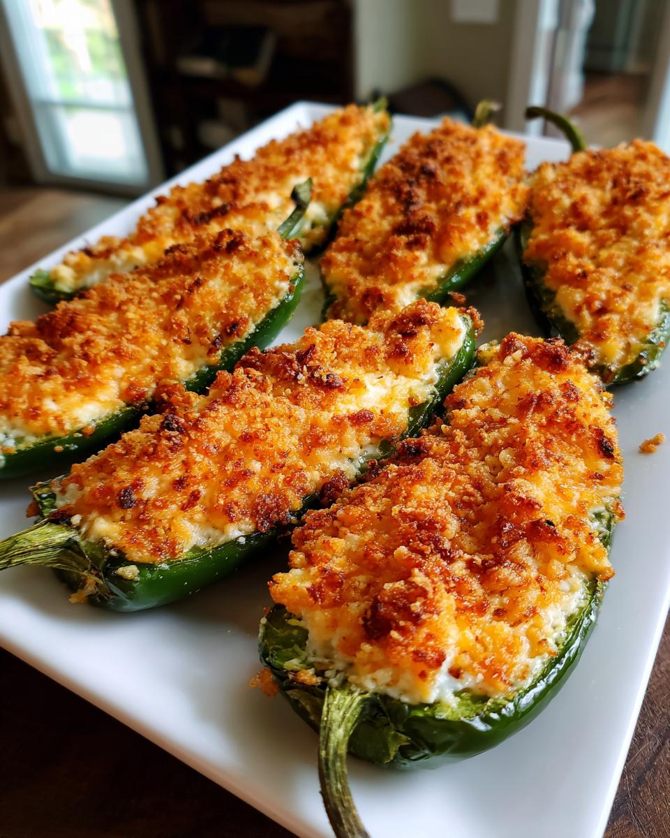 Close-up of several baked jalapeño poppers stuffed with creamy filling and topped with golden, crispy breadcrumbs.
