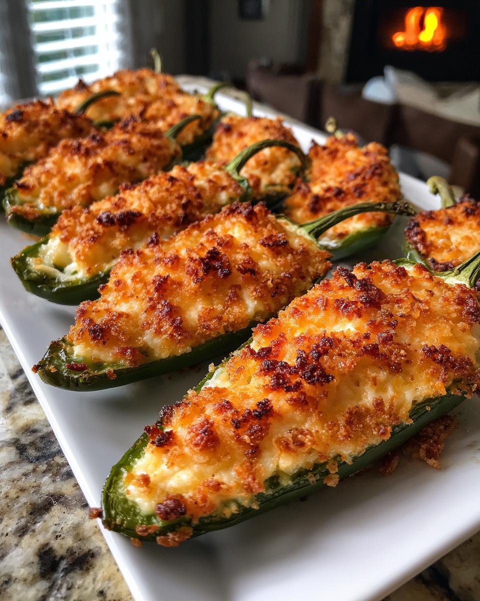 A platter of baked jalapeño poppers stuffed with creamy filling and topped with a crispy, browned breadcrumb crust.