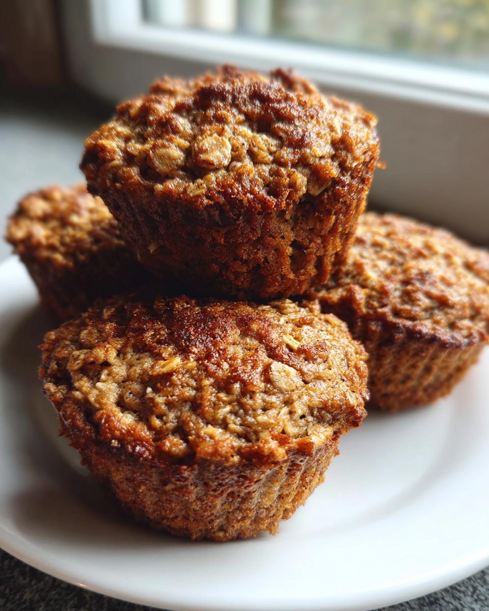 Close-up of four golden brown banana oatmeal muffins stacked on a white plate near a window.