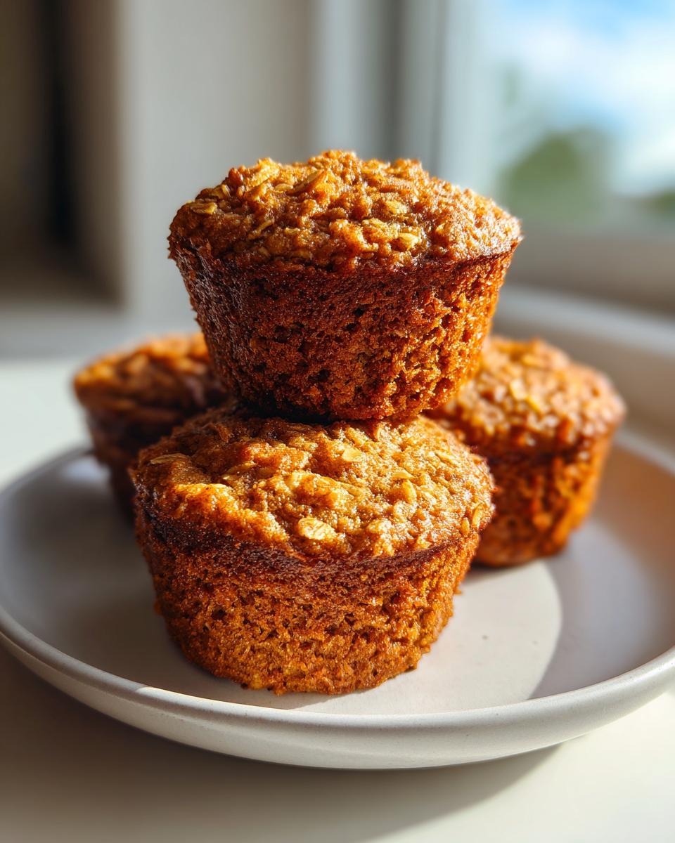 A stack of three golden-brown banana oatmeal muffins with visible oats on top, resting on a white plate.