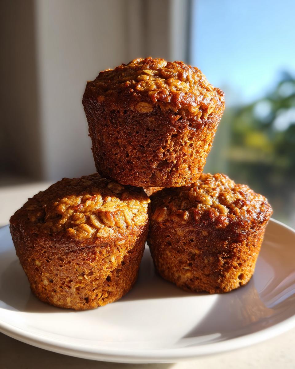 Three golden-brown banana oatmeal muffins stacked on a white plate, catching bright sunlight.