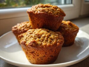 A stack of four golden-brown banana oatmeal muffins resting on a white plate near a bright window.