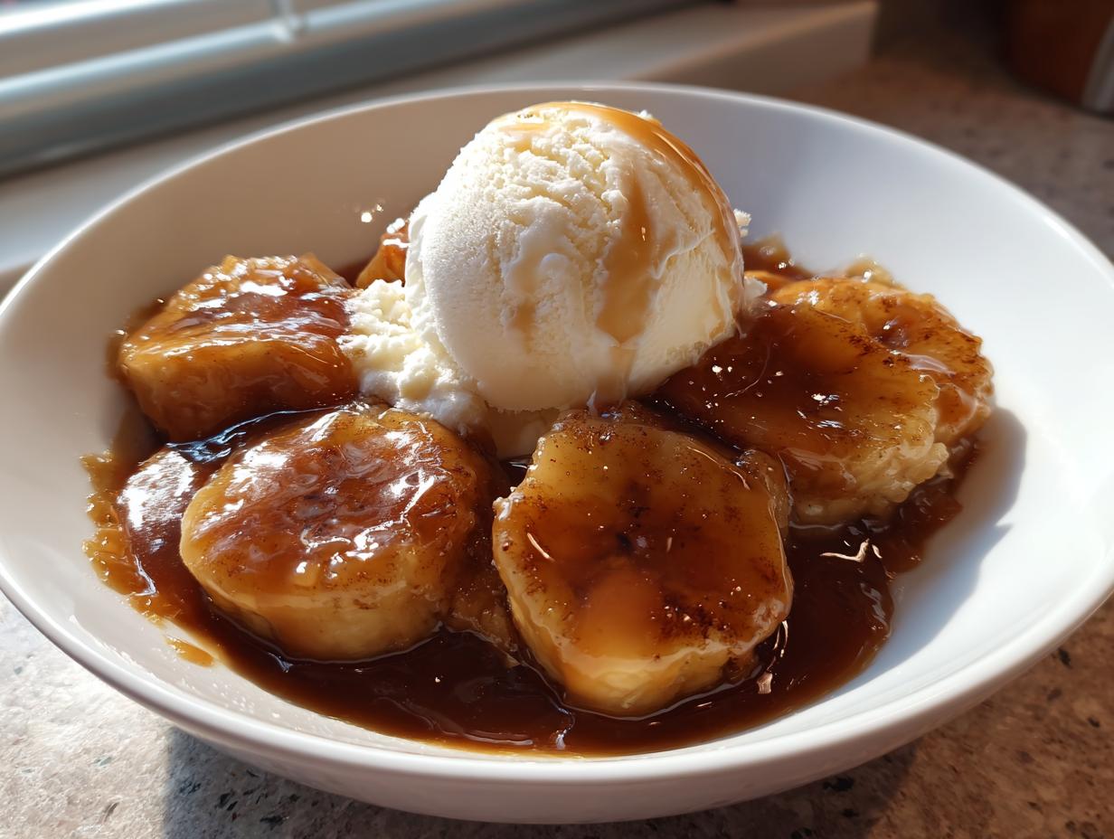 Close-up of warm bananas foster slices covered in rich caramel sauce, topped with vanilla ice cream.