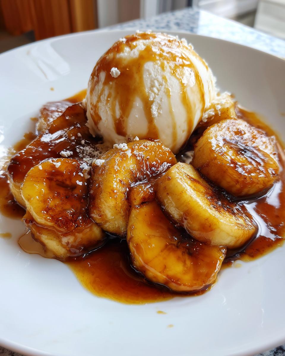 Close-up of caramelized bananas foster slices topped with a scoop of vanilla ice cream and caramel sauce.