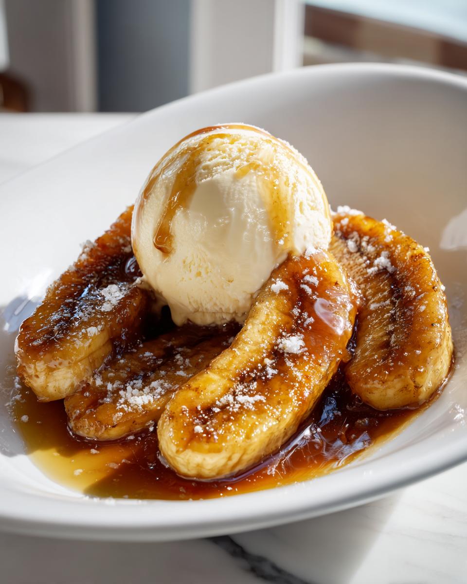 Close-up of caramelized bananas foster topped with vanilla ice cream and caramel sauce.