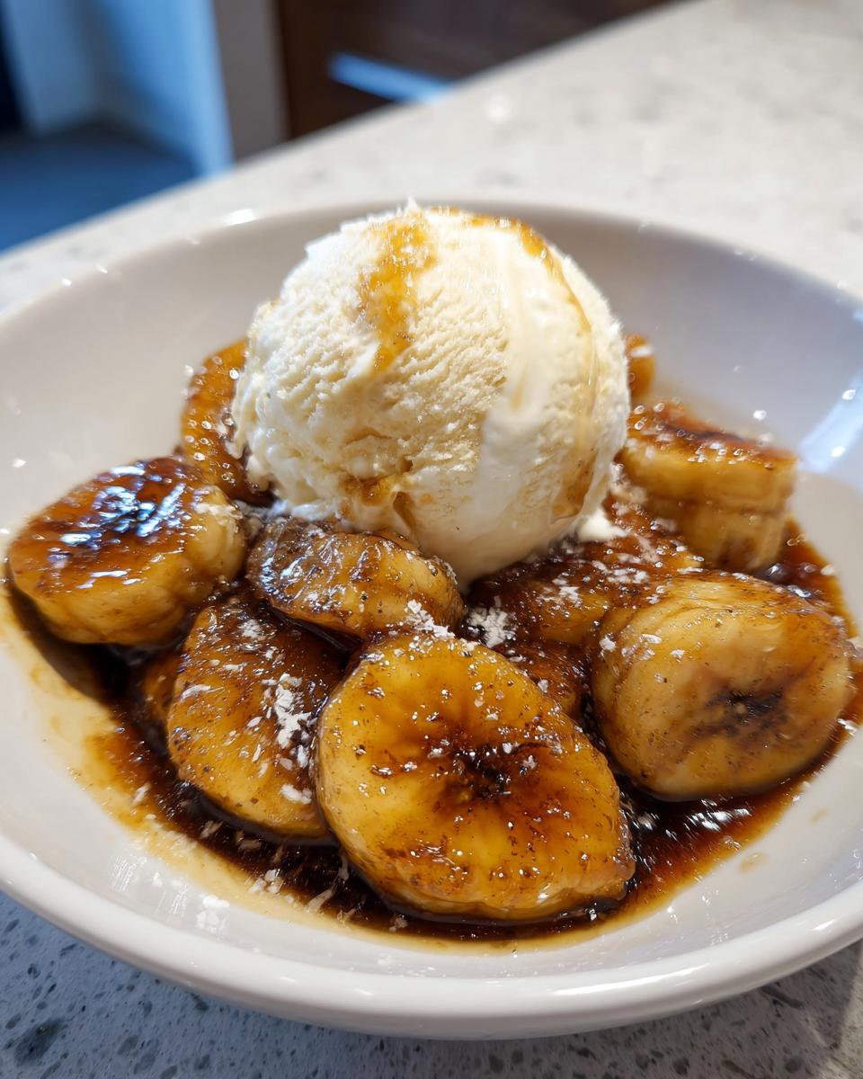 Close-up of caramelized bananas foster slices topped with a scoop of vanilla ice cream and powdered sugar.
