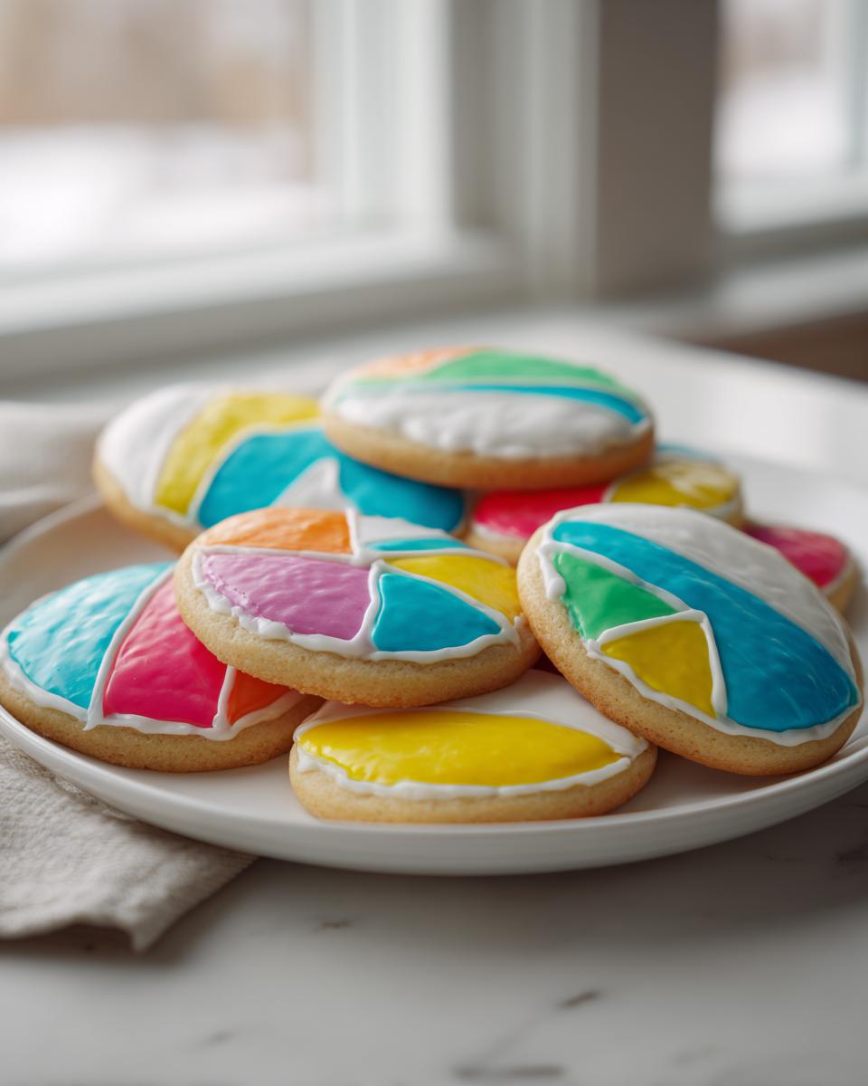A pile of round sugar cookies decorated with bright, colorful sugar cookie icing to look like beach balls.
