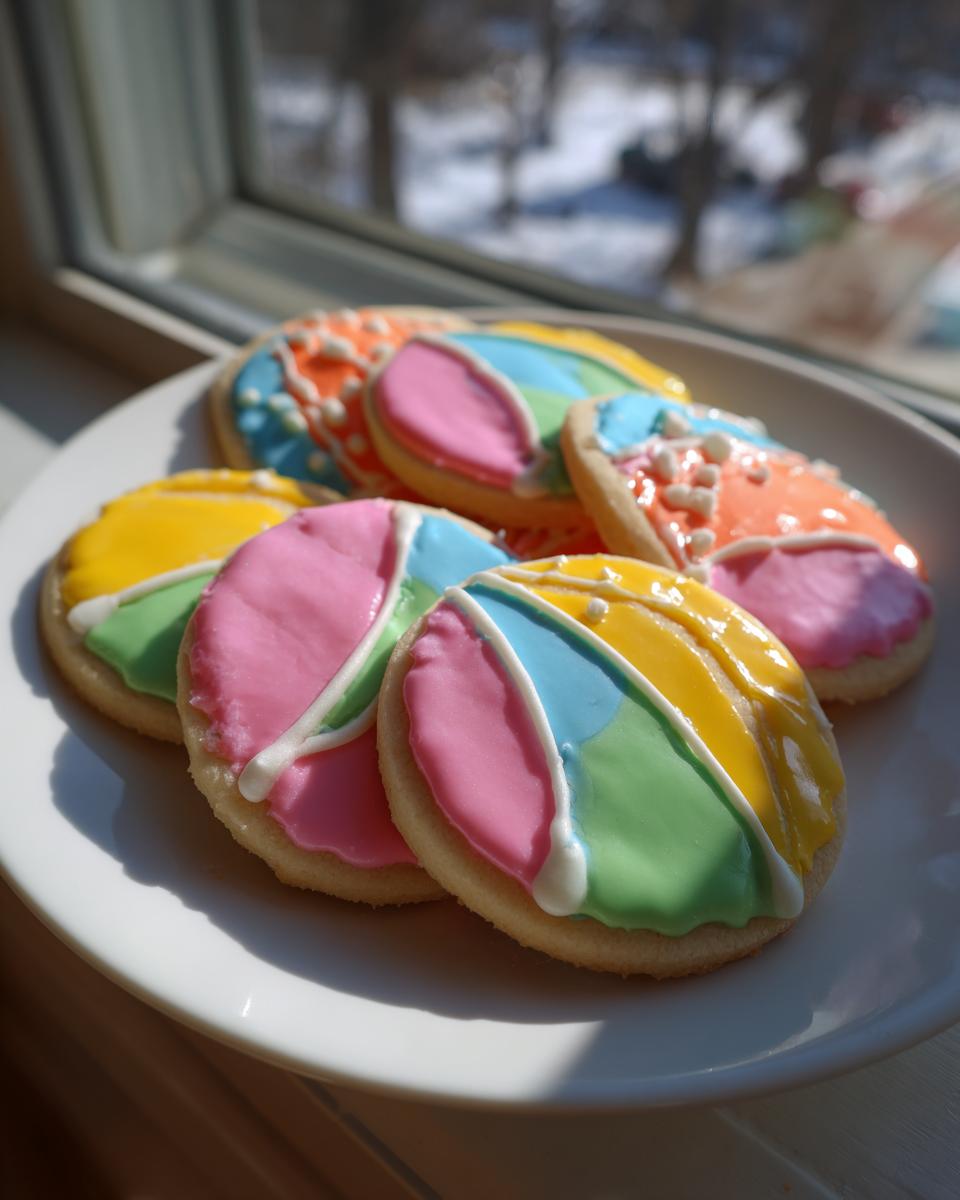 Several sugar cookies decorated with vibrant, glossy sugar cookie icing shaped like beach balls, placed on a white plate.