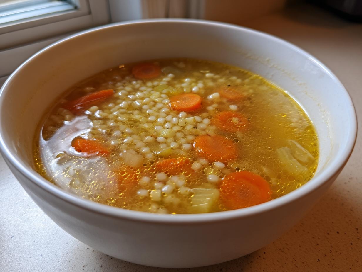 Close-up of a white bowl filled with italian penicillin soup featuring small pasta shapes and sliced carrots in a golden broth.