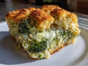 A close-up slice of baked broccoli cheese casserole showing melted cheese and a crispy, golden breadcrumb topping.