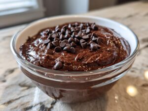 Close-up of a glass bowl filled with thick, rich brownie batter dip, topped generously with semi-sweet chocolate chips.