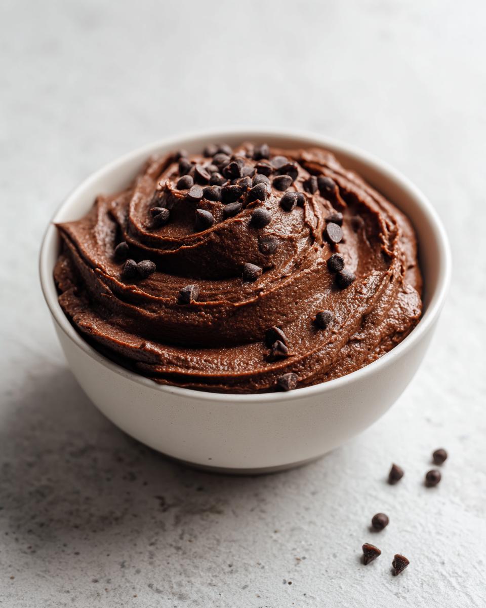 A creamy bowl of rich, dark brown brownie batter dip topped generously with mini chocolate chips.