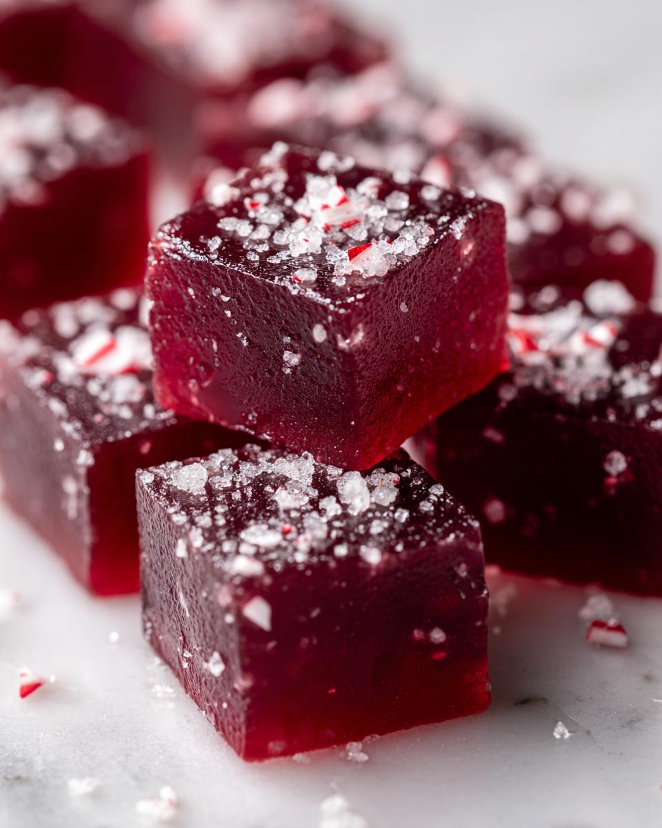 Close-up of deep red, square Candy Cane Fireball Gummies topped with coarse sugar and crushed candy cane pieces.