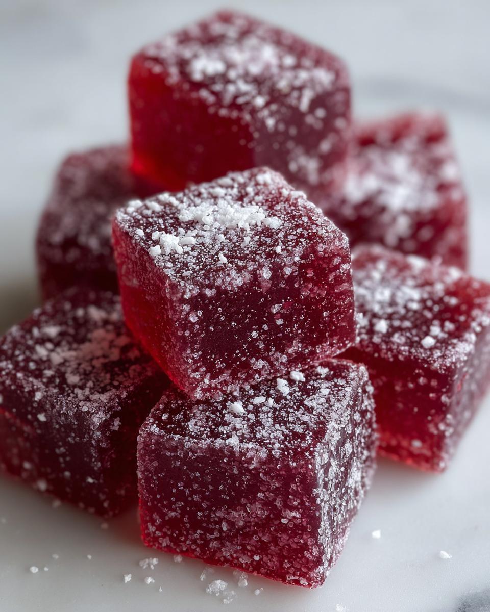 A stack of deep red, square Candy Cane Fireball Gummies dusted heavily with granulated sugar.