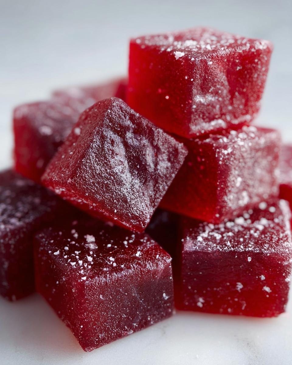 Close-up stack of deep red, sugar-dusted Candy Cane Fireball Gummies on a white surface.