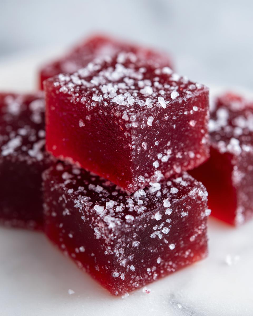 Close-up of deep red, square Candy Cane Fireball Gummies heavily coated in coarse white sugar crystals.