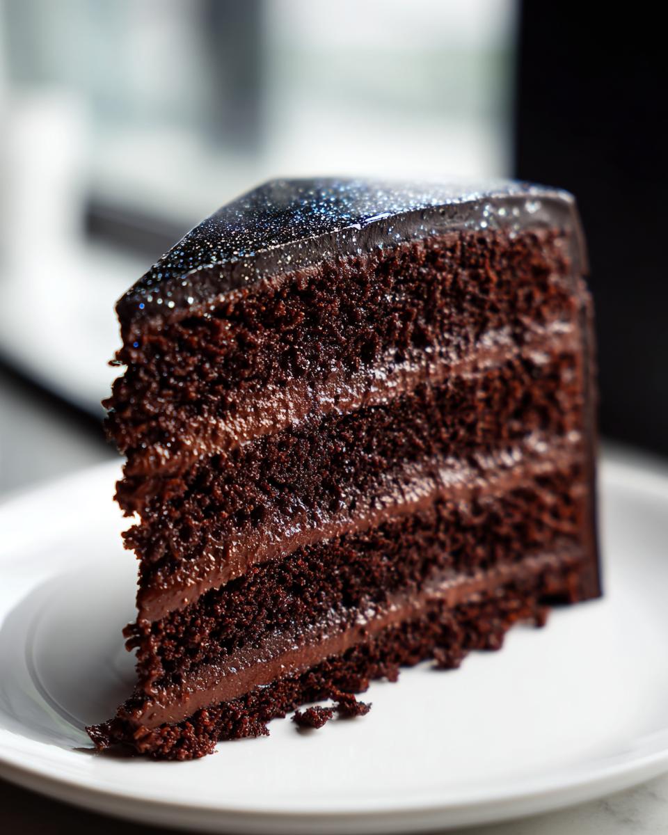 A decadent slice of dark chocolate Capricorn cake showing four layers with rich frosting and a shimmering, dark glitter glaze top.