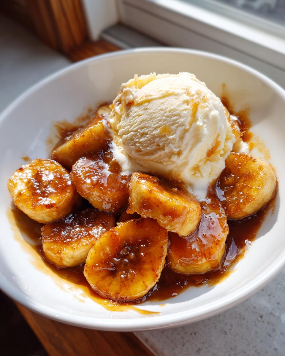 A white bowl filled with caramelized bananas foster slices topped with a scoop of melting vanilla ice cream.