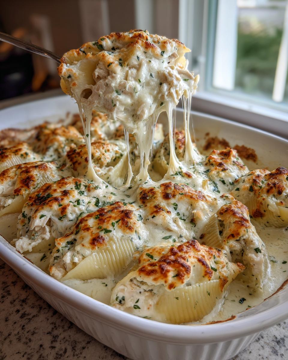A spoonful of cheesy chicken alfredo stuffed shells showing a dramatic cheese pull over the baking dish.
