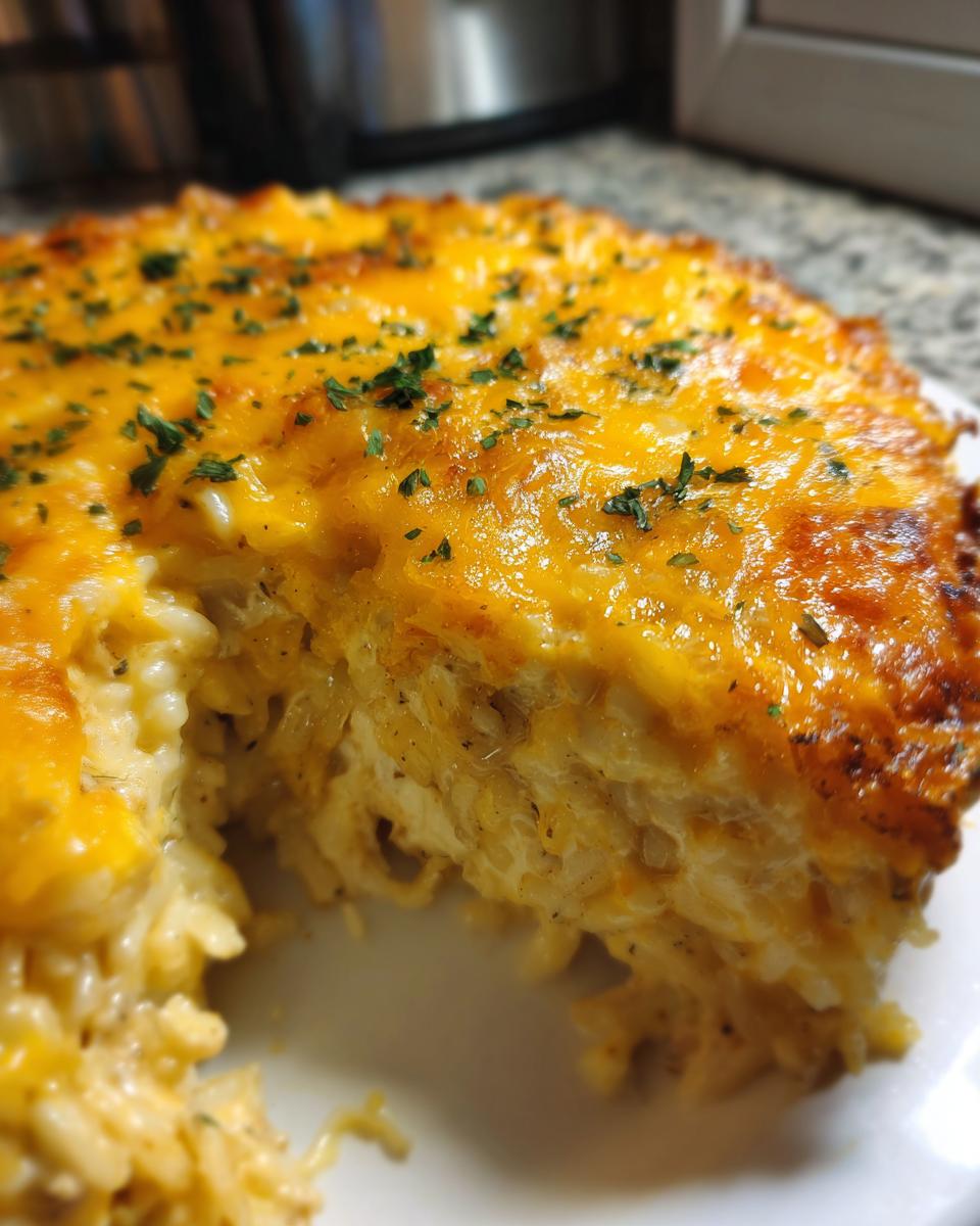 A close-up view of a serving of cheesy chicken and rice casserole with a thick, melted cheddar cheese topping sprinkled with parsley.