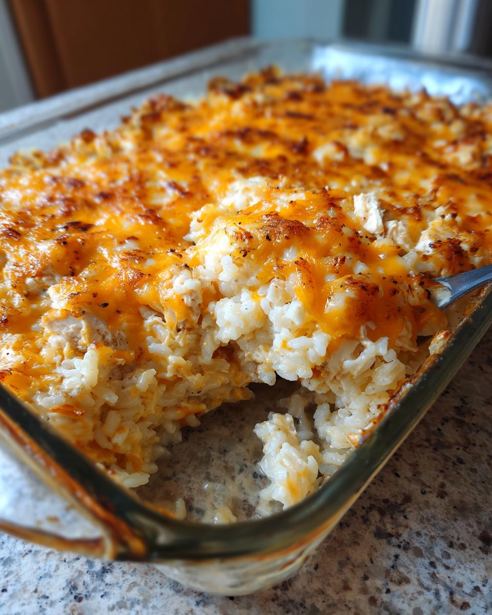 A serving spoon scoops into a baked cheesy chicken and rice casserole topped with melted, browned cheddar cheese.