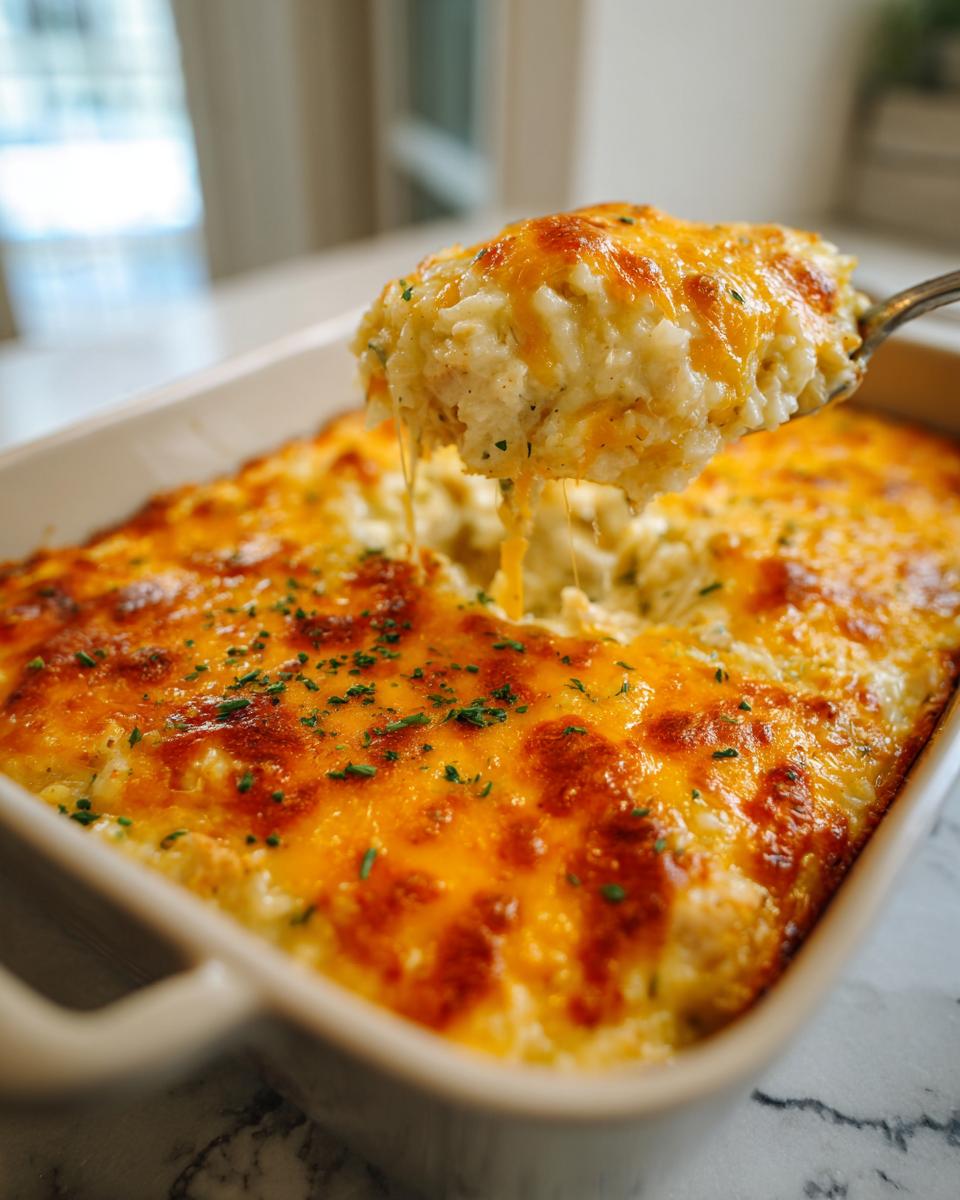 A spoonful of creamy cheesy chicken and rice is lifted from a baked casserole dish topped with browned cheddar.