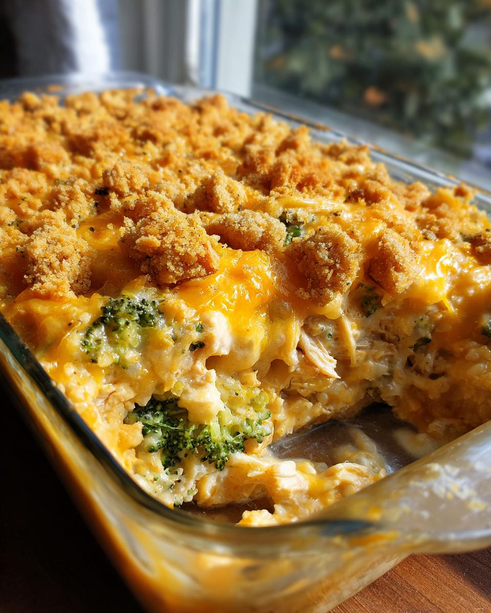 A scoop has been taken out of a creamy chicken broccoli rice casserole topped with melted cheddar cheese and crunchy breadcrumbs.