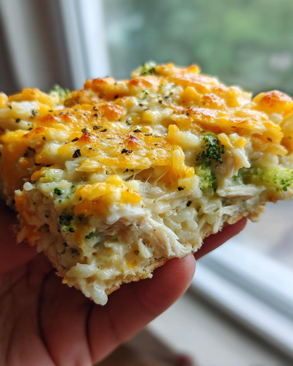 A hand holding a thick, cheesy slice of chicken broccoli rice casserole with melted cheddar and broccoli florets.