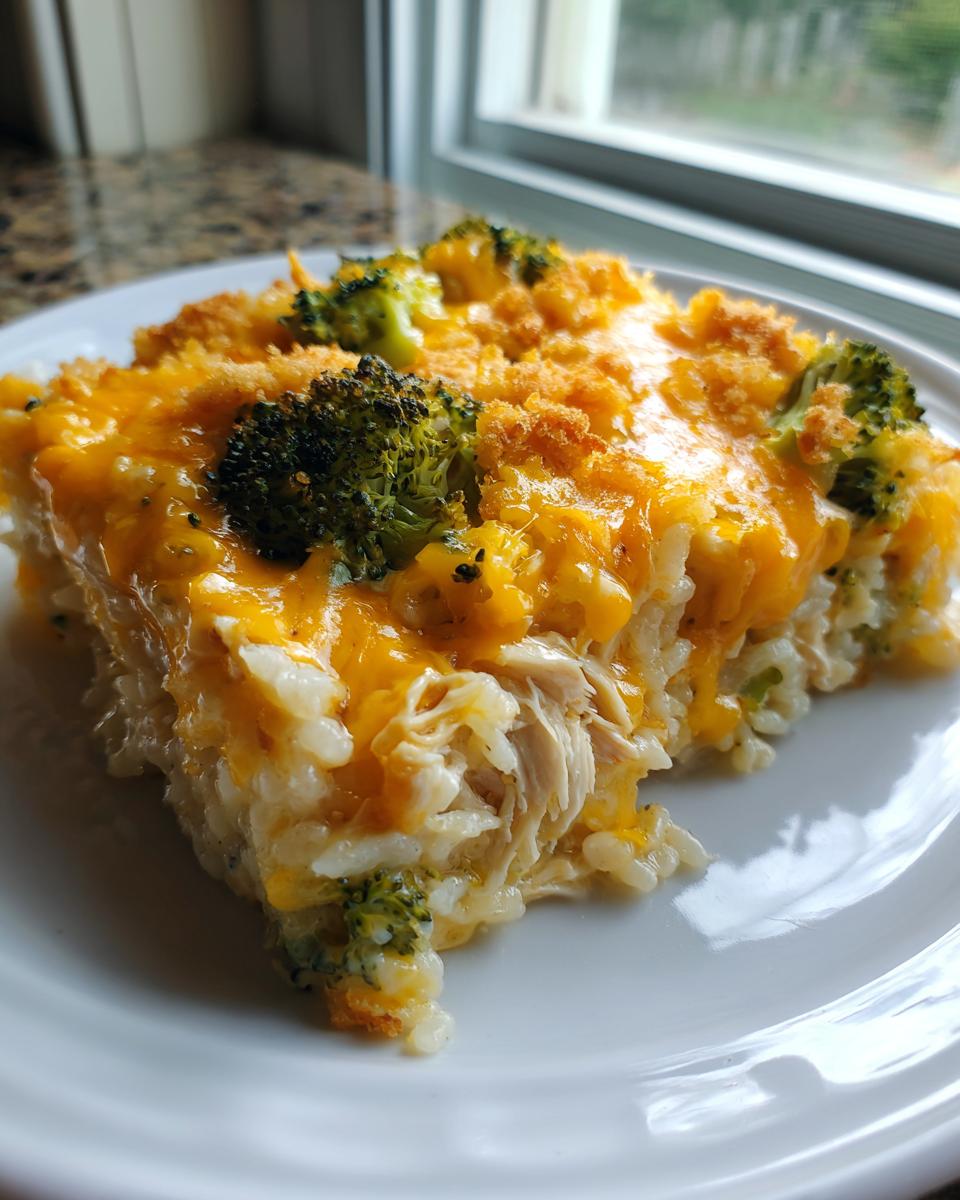 A close-up slice of creamy chicken broccoli rice casserole topped with melted cheddar cheese and breadcrumbs.