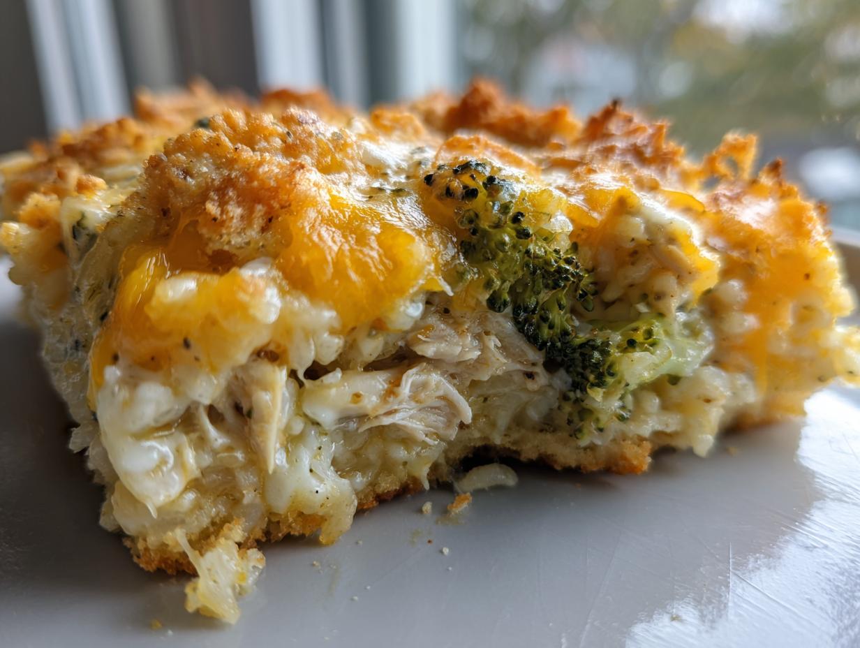 A close-up, mouth-watering slice of chicken broccoli rice casserole featuring shredded chicken, rice, and melted cheddar cheese topping.