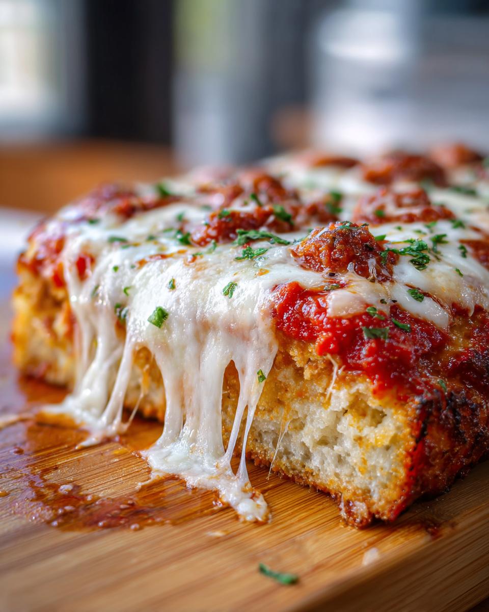 Close-up of a thick slice of chicken crust pizza showing a dramatic cheese pull over rich tomato sauce and toppings.