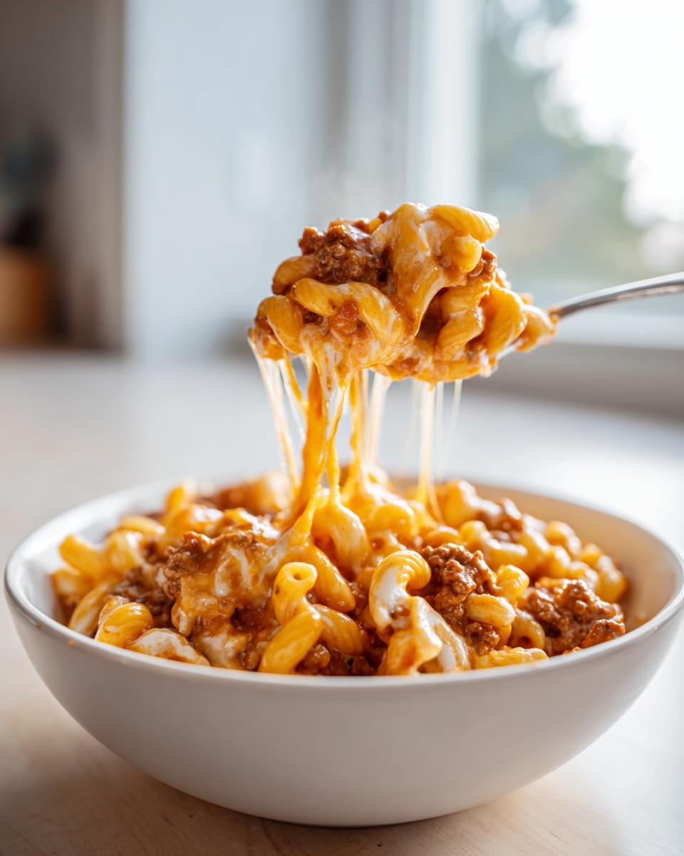 A spoonful of creamy homemade hamburger helper being lifted from a white bowl, showing long cheese pulls.