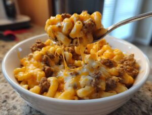 A spoonful of cheesy homemade hamburger helper being lifted from a white bowl, showing melted cheese pulls.