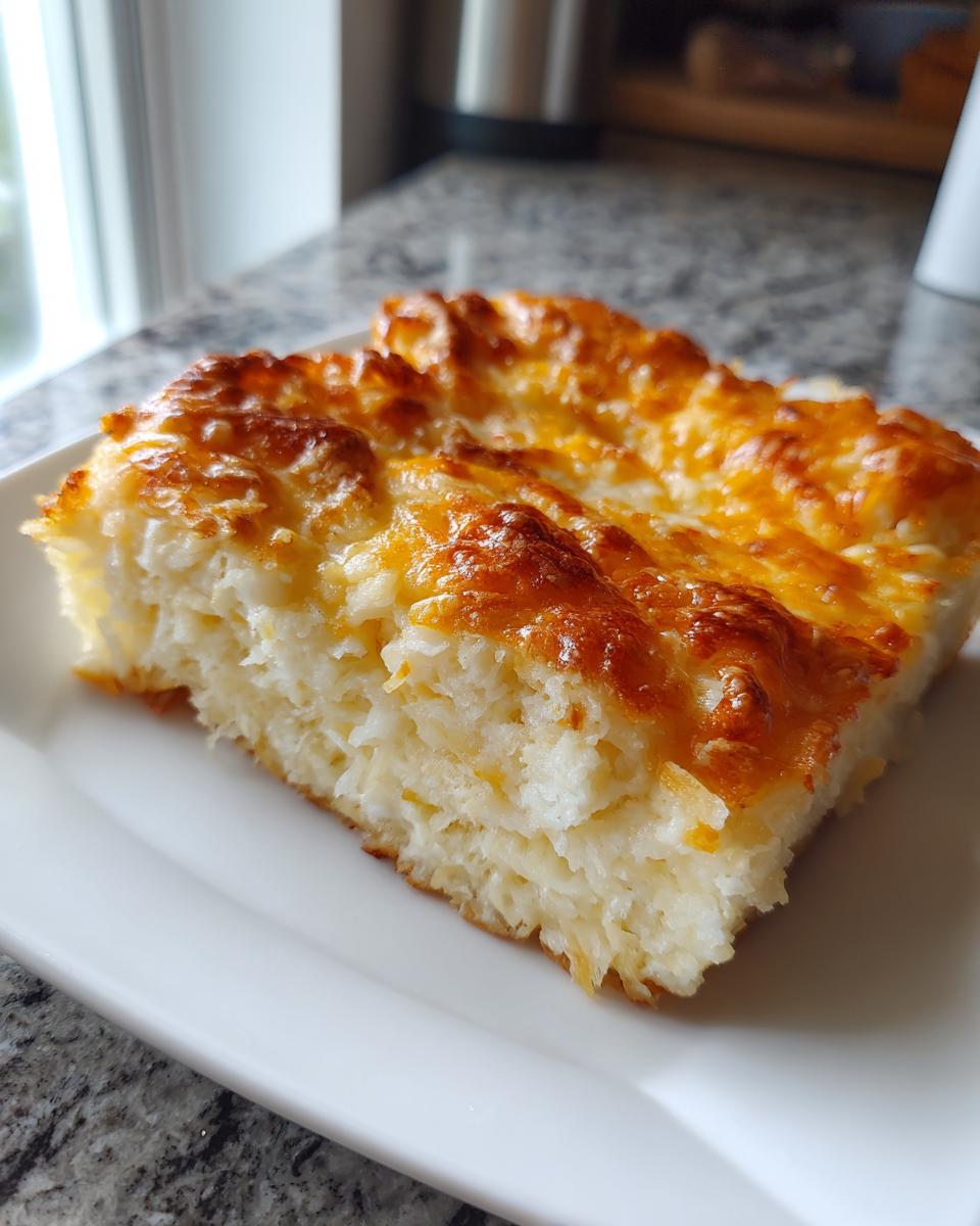 A square slice of baked cheesy potato casserole with a bubbly, golden-brown cheese topping.