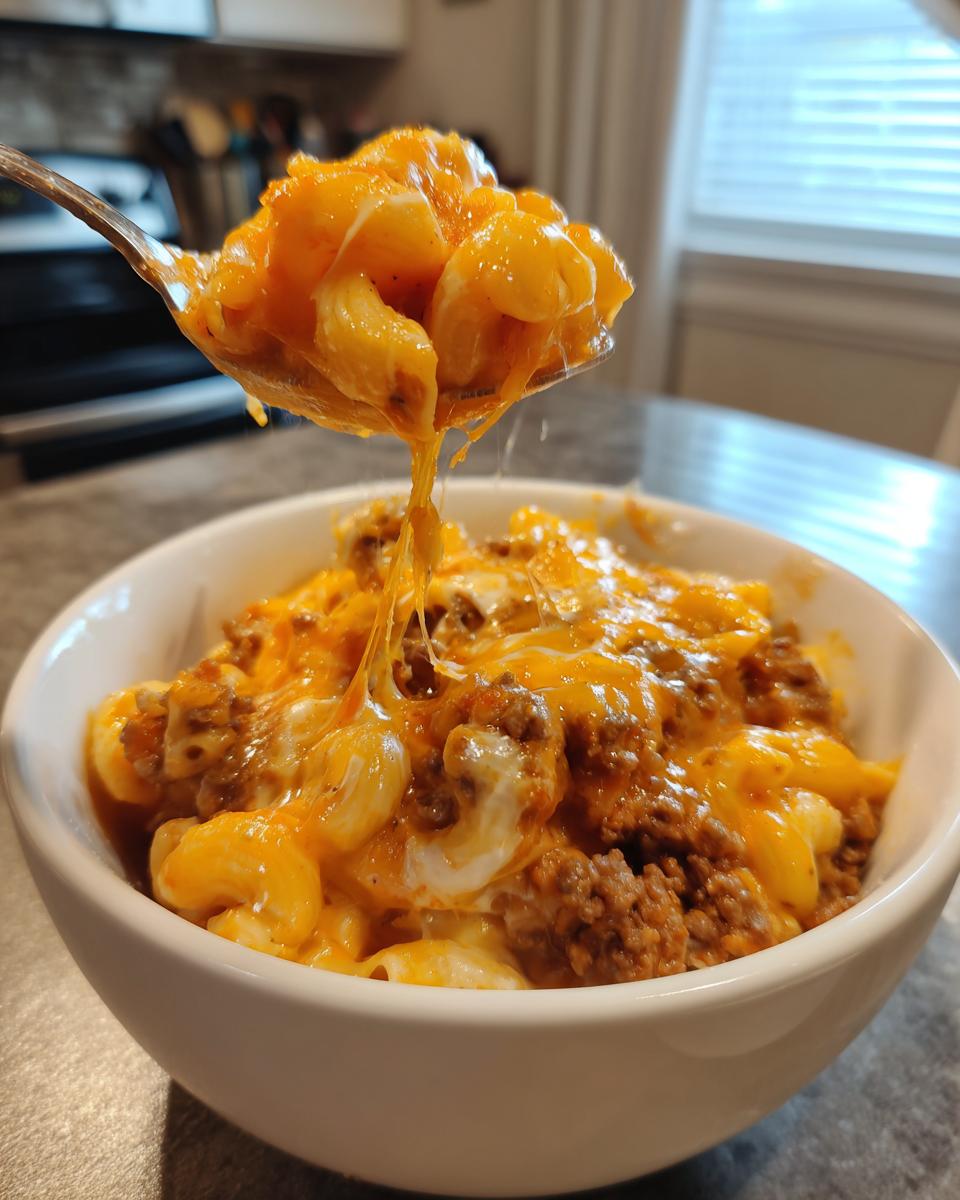 A spoonful of cheesy, saucy homemade hamburger helper being lifted from a white bowl.