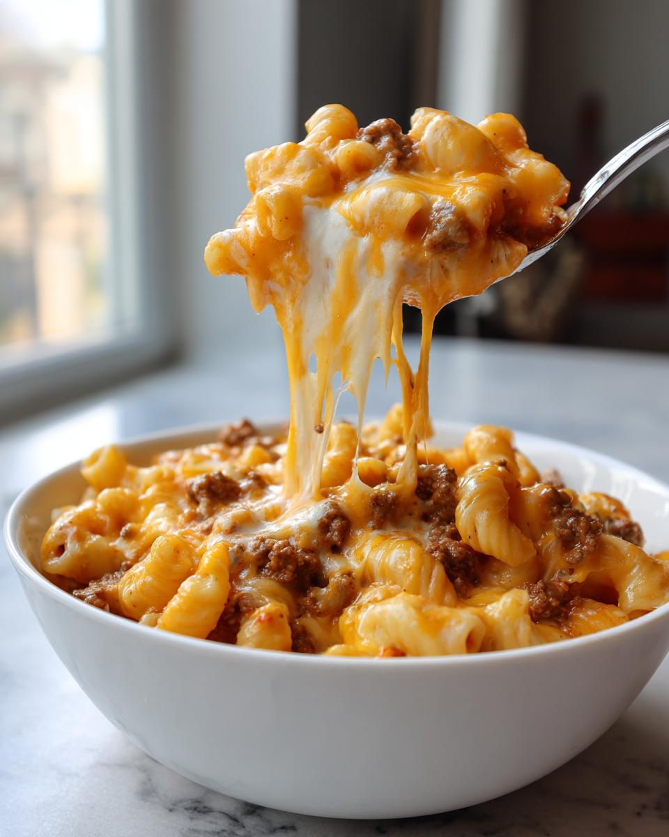 A spoonful of cheesy, meaty homemade hamburger helper being lifted from a white bowl, showing long cheese pulls.