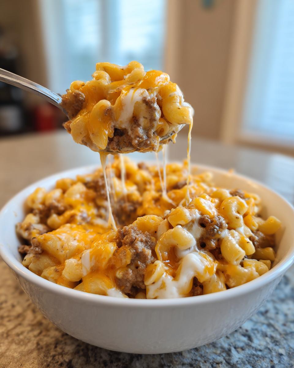 A spoonful of cheesy, saucy homemade hamburger helper being lifted from a white bowl.