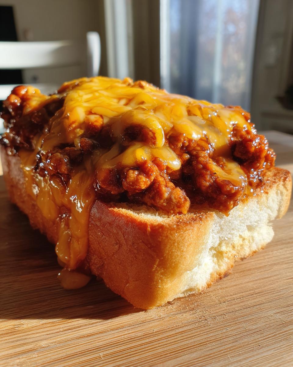 A close-up of a thick slice of texas toast sloppy joes topped with melted cheddar cheese.