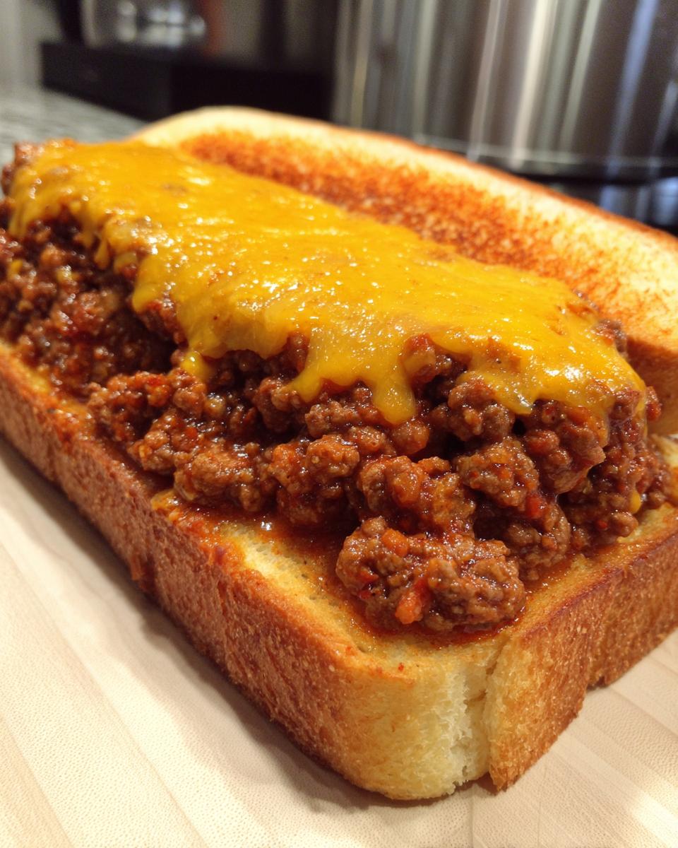 Close-up of a thick slice of toasted Texas toast topped with savory meat sauce and melted cheddar cheese for texas toast sloppy joes.