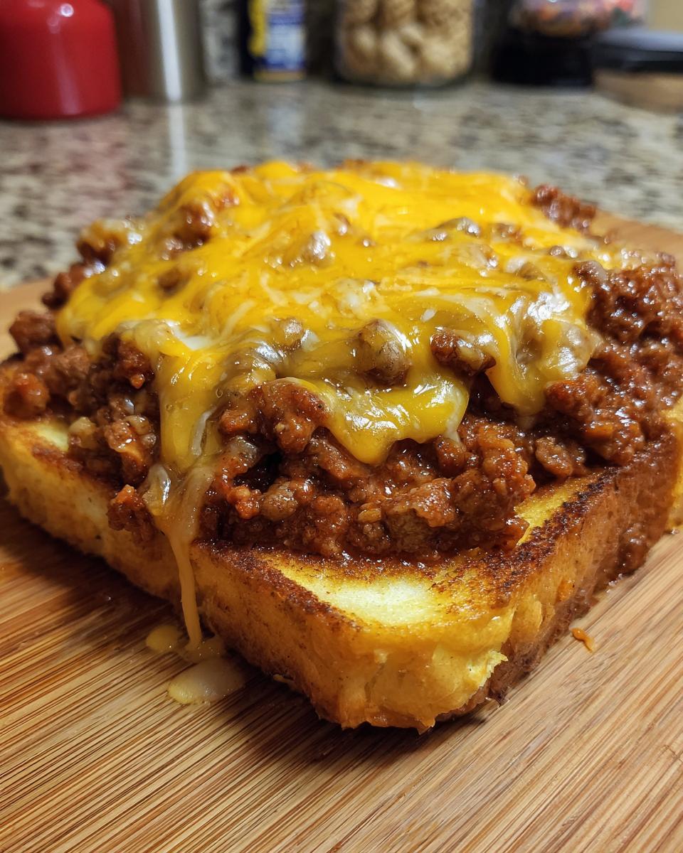A close-up of cheesy texas toast sloppy joes topped with melted cheddar cheese.