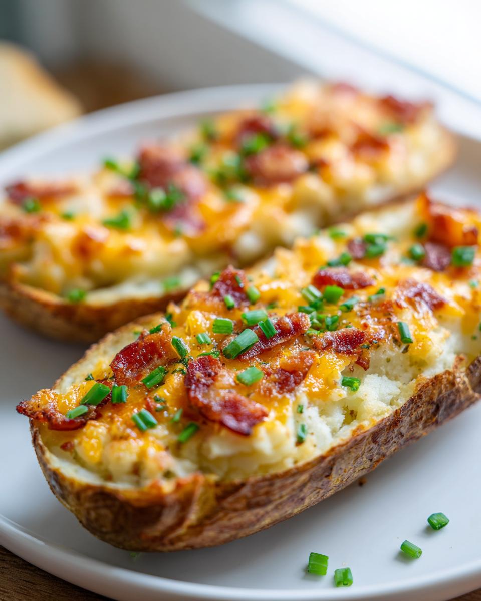 Two halves of perfectly baked twice-baked potatoes stuffed with creamy filling, topped with melted cheddar cheese, bacon bits, and chives.