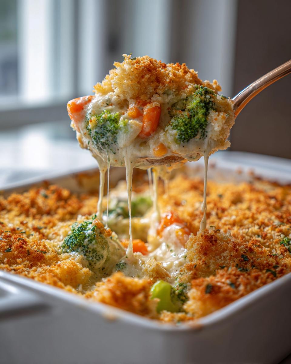 A spoonful of creamy vegetable casserole featuring broccoli and carrots, lifted from a baking dish with melted cheese strings.