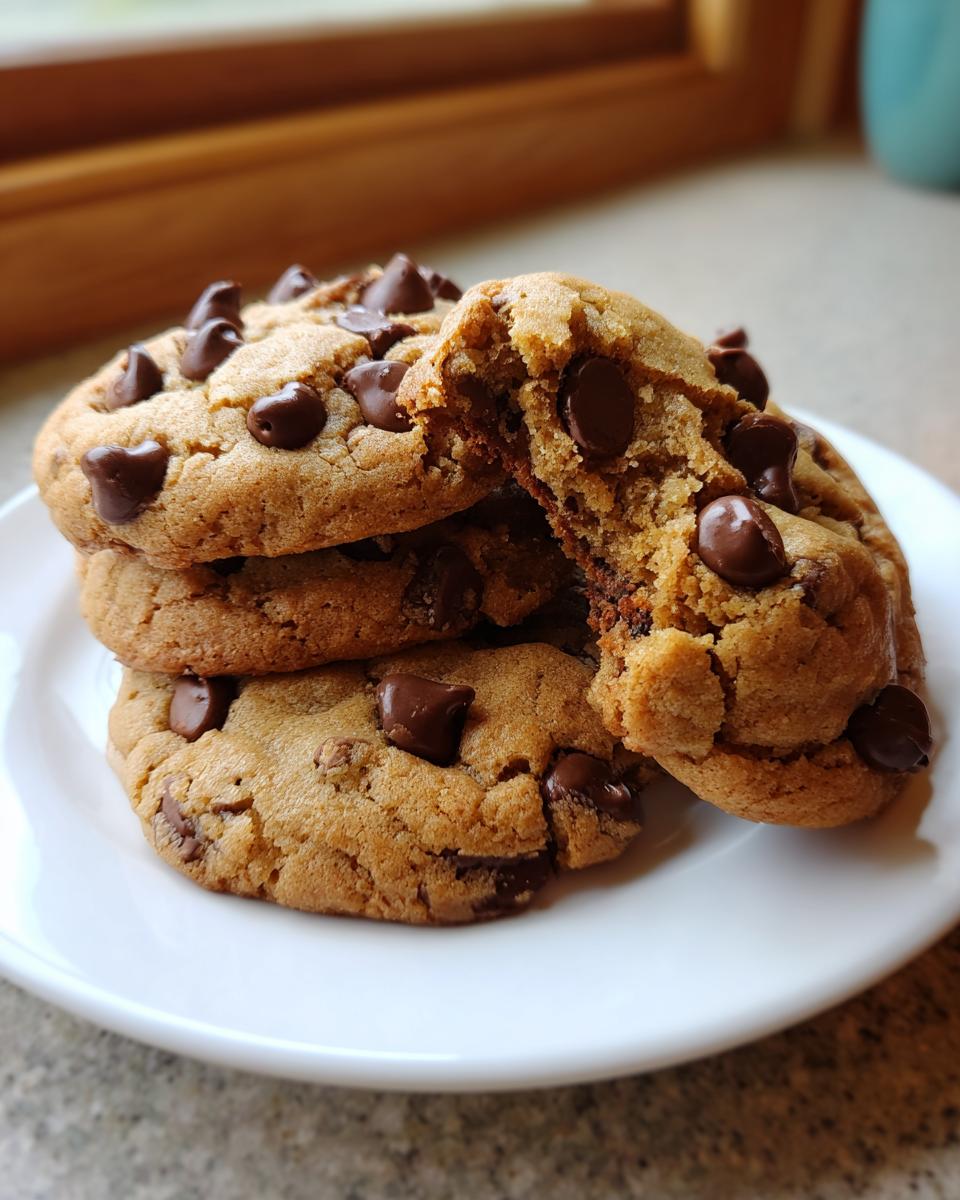 A stack of three chewy chocolate chip cookies, with one broken in half showing the soft interior.