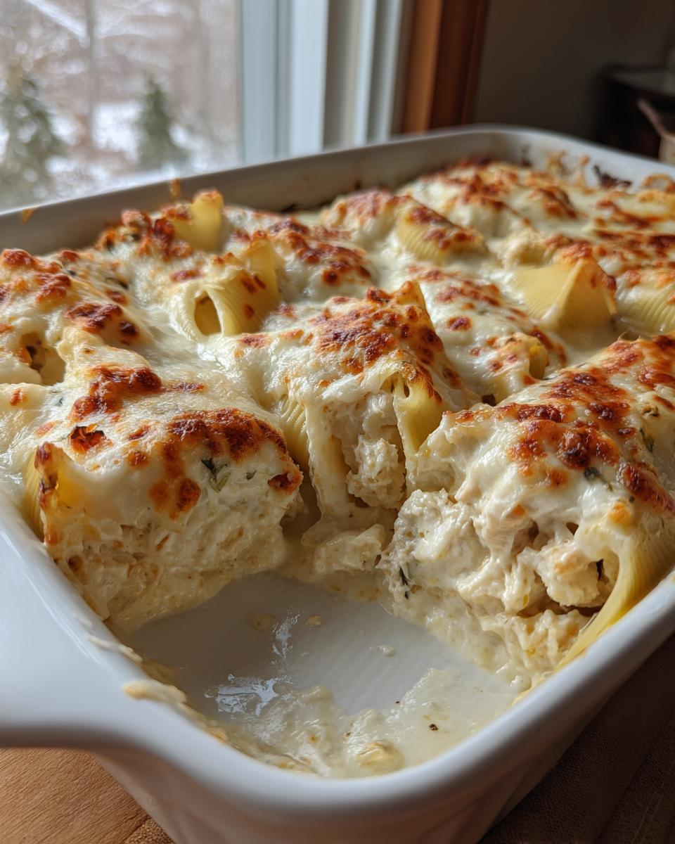 A close-up of baked chicken alfredo stuffed shells covered in melted, browned cheese in a white baking dish.